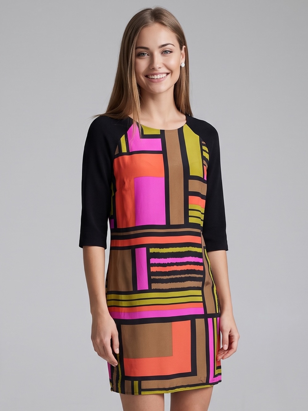🌻Alice & Trixie Silk Shift Dress Geometric Retro Colorblock High Neck Size M